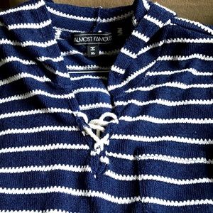 Navy & White Stripe Nautical Rope Tie Front 3/4 Sleeves Top